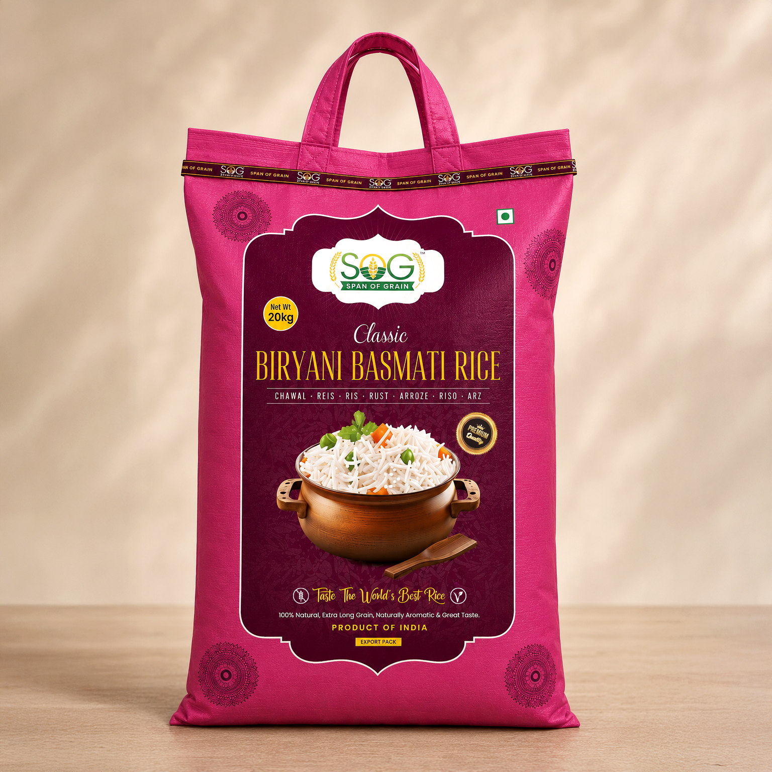 Crafted for unforgettable biryani experiences, SOG Classic Biryani Rice features exceptionally long, slender grains carefully selected for their aroma, texture, and cooking performance. Matured through a carefully controlled ageing process, every grain develops enhanced flavour, improved separation, and the ability to create perfectly fluffy biryani with every preparation.