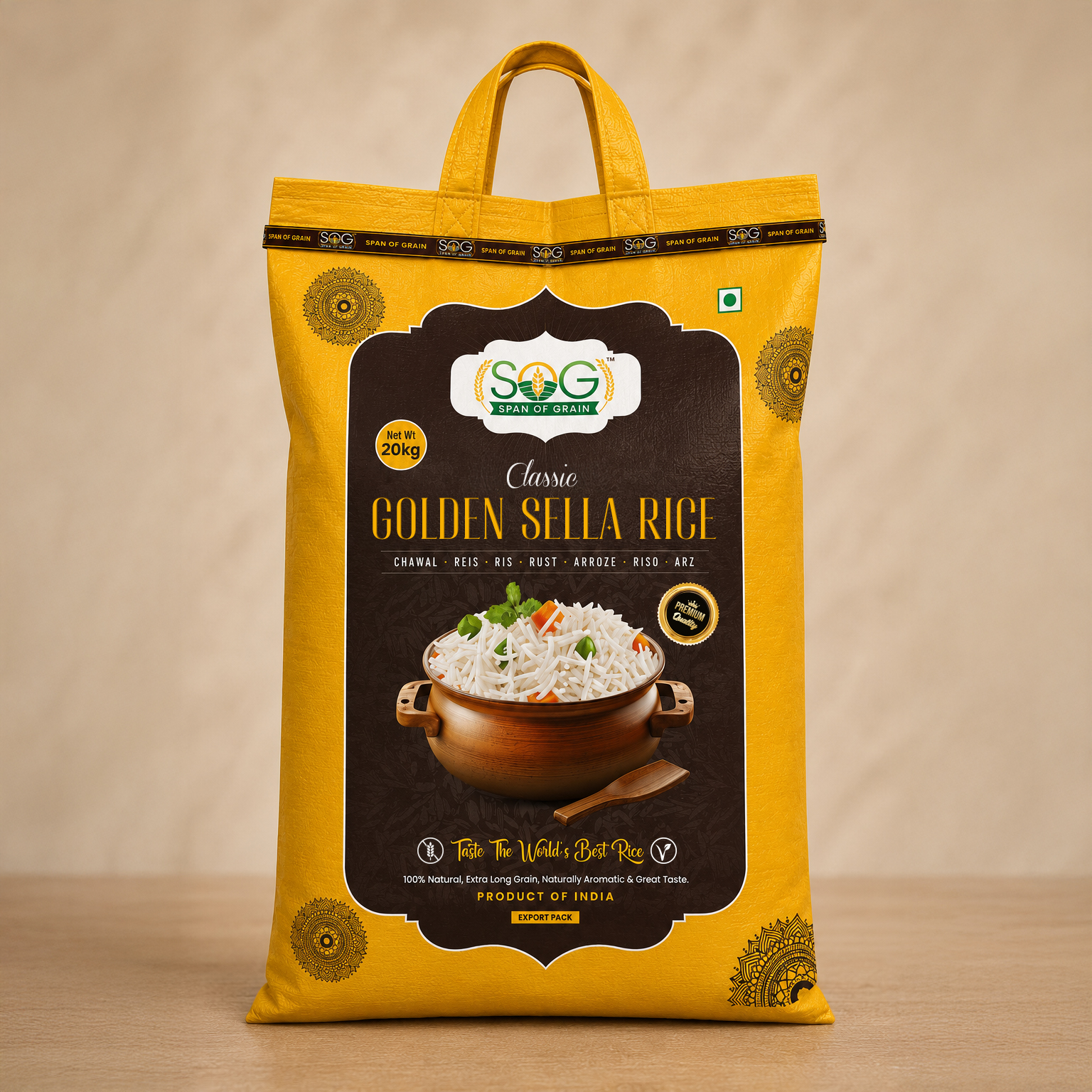 SOG Classic Golden Rice is carefully selected for its distinctive golden colour, long grains, and outstanding cooking qualities. Processed to preserve its natural character, this rice delivers firm yet fluffy grains with excellent separation, making it a preferred choice for traditional recipes and large-scale culinary preparations.